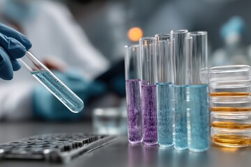 Aufkleber - Gloved hand holding test tube with blue liquid over a rack, test tubes with colorful chemicals and petri dishes in the background