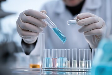 Aufkleber - Scientist wearing lab coat and gloves pouring blue liquid from test tube into rack with other test tubes in laboratory