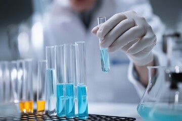 Poster - Gloved hand holding test tube containing blue liquid over rack of test tubes with varying levels of blue liquid, suggesting scientific analysis or experiment