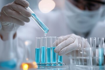 Aufkleber - Close up of gloved hands pouring blue liquid into test tubes, conducting scientific experiment in laboratory