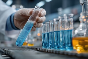 Aufkleber - Gloved hand holding test tube containing blue liquid in laboratory setting, conducting scientific experiment or research