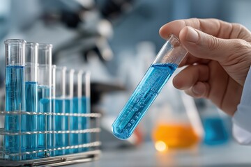 Aufkleber - Close up of scientist analyzing blue liquid in test tube, conducting experiment in modern laboratory with microscope in background