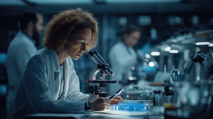 Aufkleber - Female scientist using a microscope and magnifying glass, analyzing samples in a modern laboratory with robotic arms
