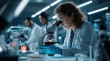 Poster - Focused female scientist using microscope, conducting research in modern laboratory with diverse team of colleagues working in the background