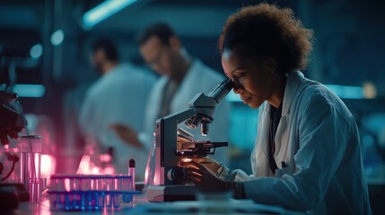 Aufkleber - Black female scientist using a microscope in a modern laboratory, developing innovative medicine for curing diseases