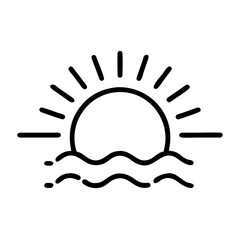 Poster - Simple graphic showing sun rising over water with waves and sun rays in black and white minimal design