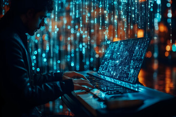 Fototapete - Person playing piano with digital light display.