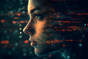 Poster - Profile view of a digital female face overlaid with glowing code.