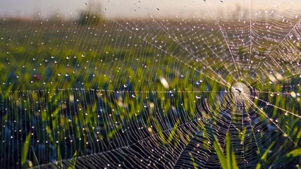 Spiderweb glistening with dewdrops, set against a backdrop of a lush green field illuminated by soft, diffused morning light.