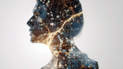 Poster - Silhouette of Head with Glowing Subway Map Lines Overlay