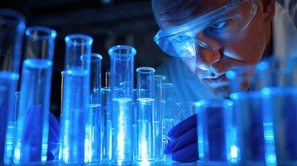 Poster - researcher inspecting glassware under blue laboratory lighting