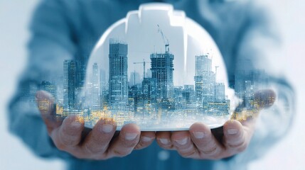 Poster - Engineer Holding Blueprint of a Growing City in Upward Perspective