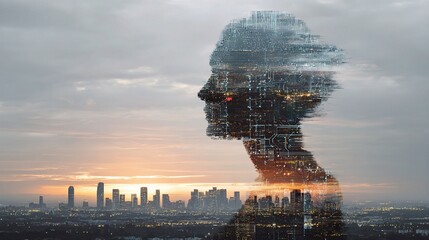 Poster - Silhouette of a Head Merging with City Skyline at Horizon