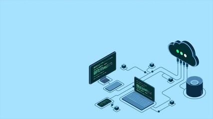 Fototapete - Cloud technology computing animation. Modern cloud technology. Data center isometric concept. Isometric cloud technology with datacenter. Web hosting concept. 4K video animated in isometric style