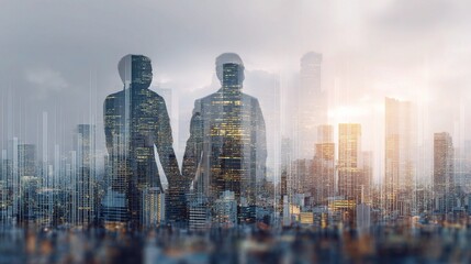 Poster - Double Exposure of Modern Cityscape with Silhouettes of Individuals