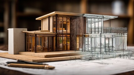 Poster - Modern Wooden Architect Model with CAD Wireframe Design Concept