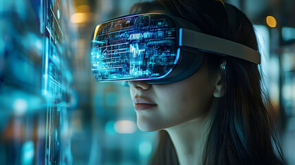 Fototapete - Close-up of a person wearing virtual reality goggles.