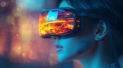 Poster - A person wearing virtual reality glasses, immersed in a digital cityscape.