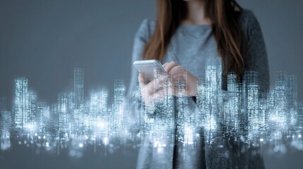 Poster - Woman Holding Smartphone with Smart City Concept Overlay