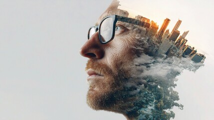 Poster - Surreal Double Exposure of a Man's Face Blending Cityscape and Nature