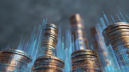 Poster - Melting Coins Transforming into Skyscrapers with Holographic Growth