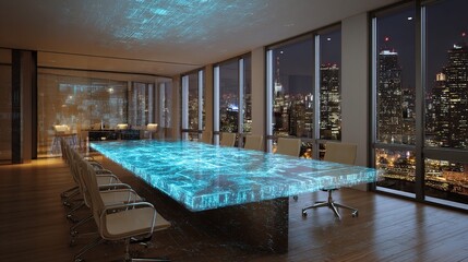 Poster - Holographic Projection Table in Modern City Boardroom at Night