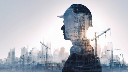 Poster - Construction Worker Silhouette Against Urban Skyline Background
