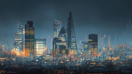 Poster - Futuristic financial hub with buildings and currency exchange elements