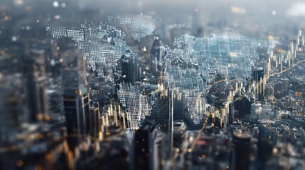Poster - Transparent World Map Overlay on Business District Urban Scene