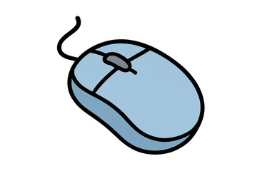 Poster - Cartoon drawing of a light blue computer mouse with scroll wheel and wire, isolated on transparent background
