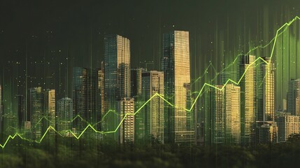 Poster - Growth Graph Over City Skyline with Skyscrapers and Green Lines