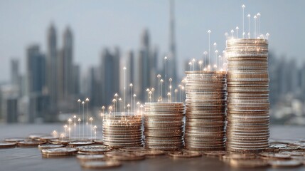 Poster - Stacked Coins with Arrows Representing Upward Trading Growth Dynamics