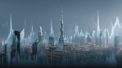 Poster - Global Economic Network Visuals Overlaid on Dubai Skyline
