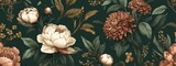 Dark Green Floral Pattern With Roses And Peonies