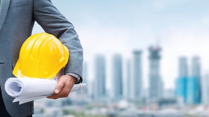 Poster - Engineer in Suit Holding Yellow Hard Hat and Blueprints Outdoors