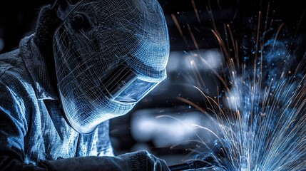 Poster - Welding Sparks Emanating from Factory Worker in Detailed Blueprint Style
