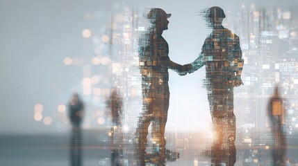 Poster - Team of Engineers Shaking Hands with Layered Lights Background