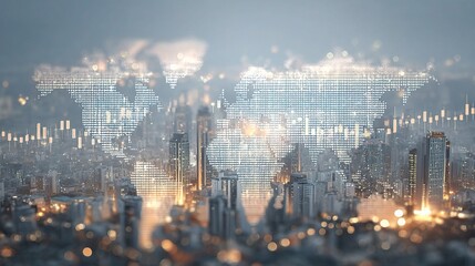 Poster - Transparent World Map Overlaying Modern Business District View