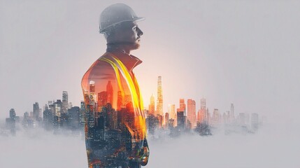 Poster - Double Exposure Image of Engineer in Reflective Vest Against Cityscape
