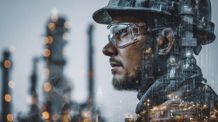 Poster - Worker in Oil Refinery with Overlay of Data Network Representation