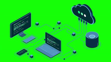 Fototapete - Cloud technology computing animation. Modern cloud technology. Data center isometric concept. Isometric cloud technology with datacenter. Web hosting concept. 4K video animated in isometric style