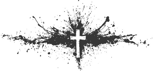 Poster - Black splatter cross with ink explosion on white background, abstract design. Vector illustration