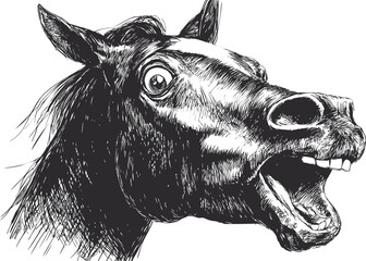 Poster - Expressive black and white horse sketch with wide eyes and open mouth. Vector illustration