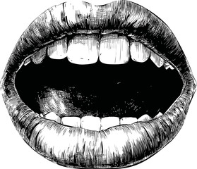 Poster - Detailed black and white illustration of open mouth with visible teeth. Vector illustration