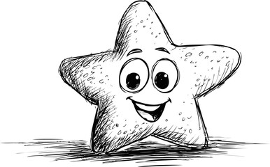 Poster - Smiling cartoon star with large eyes and dotted texture, line drawing. Vector illustration