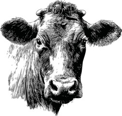 Poster - Black and white sketch of cow with detailed shading and texture. Vector illustration