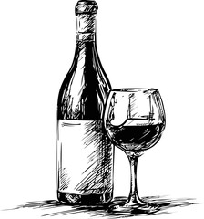 Poster - Sketch of wine bottle and glass with intricate shading, black and white drawing. Vector illustration