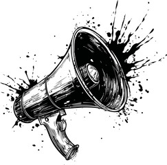 Poster - Black and white illustration of a megaphone with ink splatters in background. Vector illustration