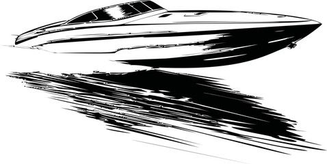 Aufkleber - Sleek black and white speedboat with dynamic water reflection art. Vector illustration