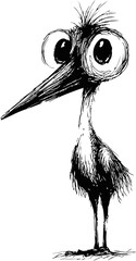Poster - Cartoon bird with big eyes in black and white sketch design illustration. Vector illustration